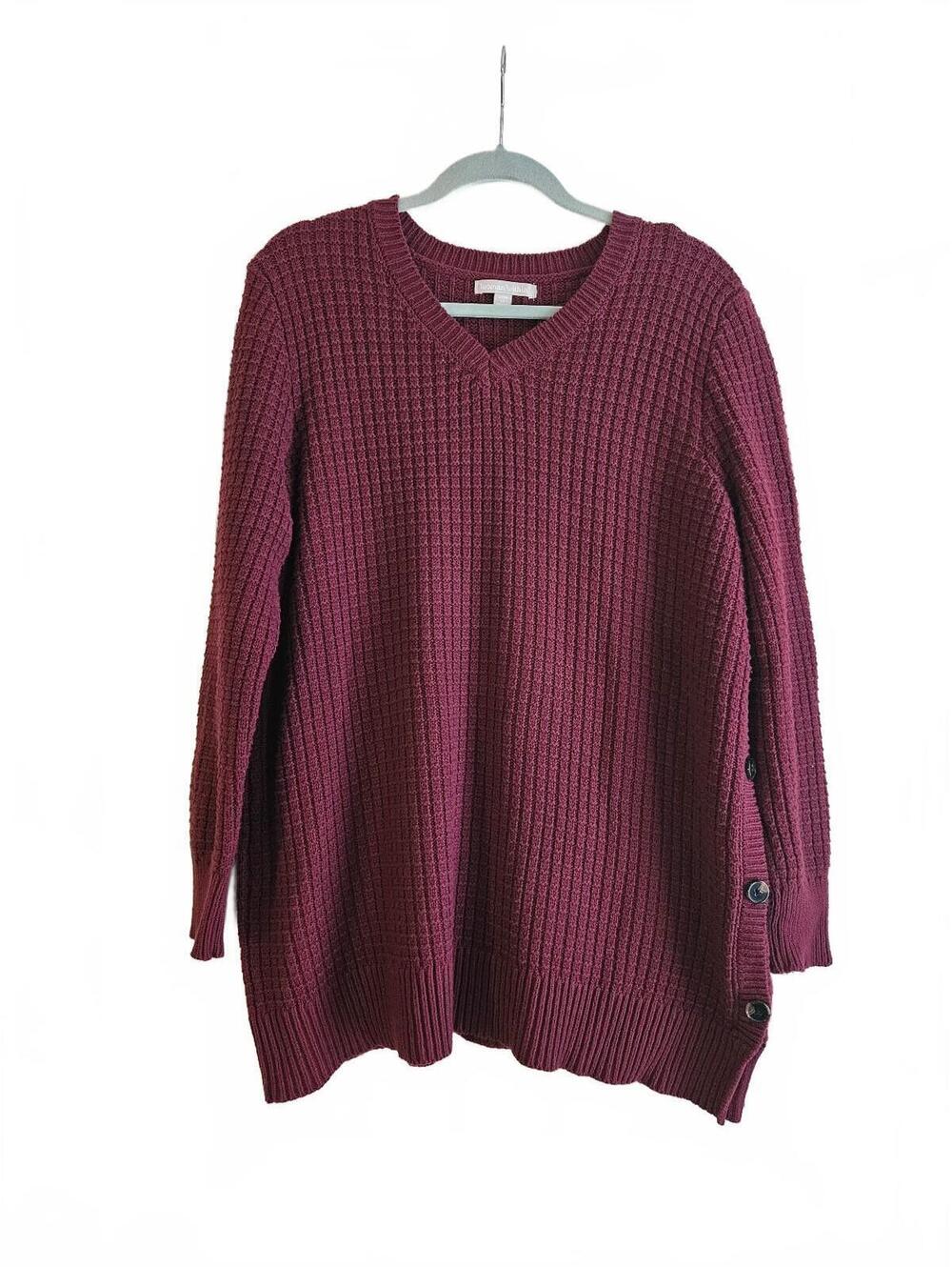 Woman Within Waffle Knit Burgundy V-Neck Pullover Sweater Side Buttons-1X 22/24